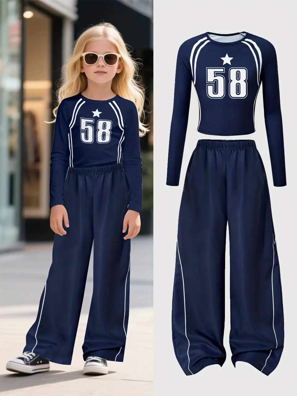 Girls Long Sleeve T-Shirt and Wide Leg Pants Set with White Line Trim