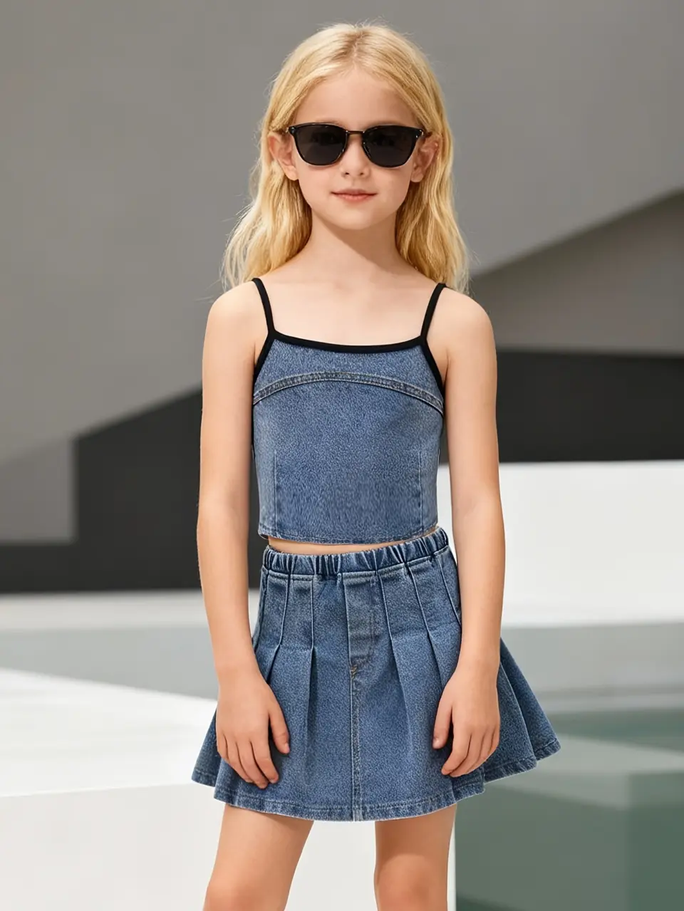 Girls Denim Cami Top and Pleated Skirt Set by LUNORIANA