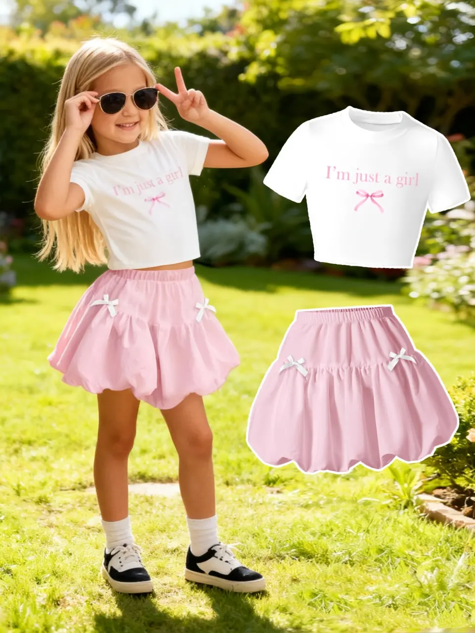 Girls Bow Print Top and Ribbon Bubble Skirt Set