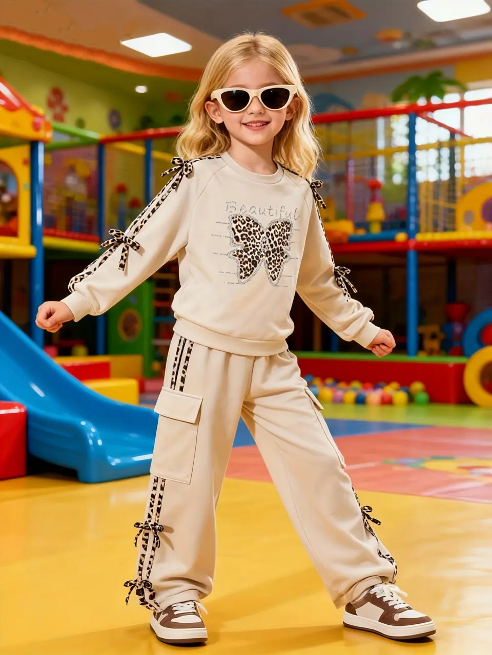 Girls Leopard Butterfly Sweatshirt and Pants Set with Bow Detail