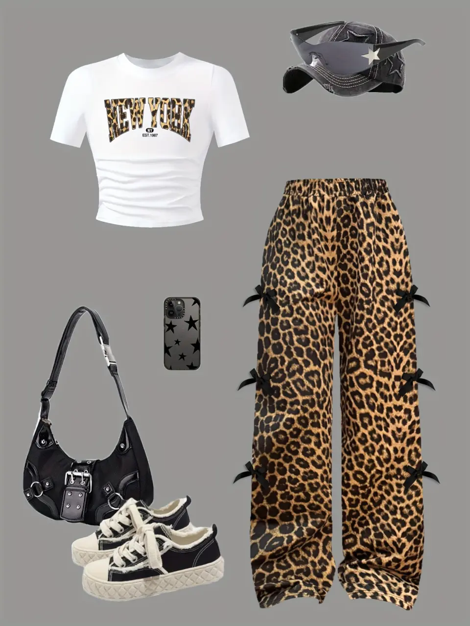 Girls Letter Print Top and Leopard Bow Pants Set