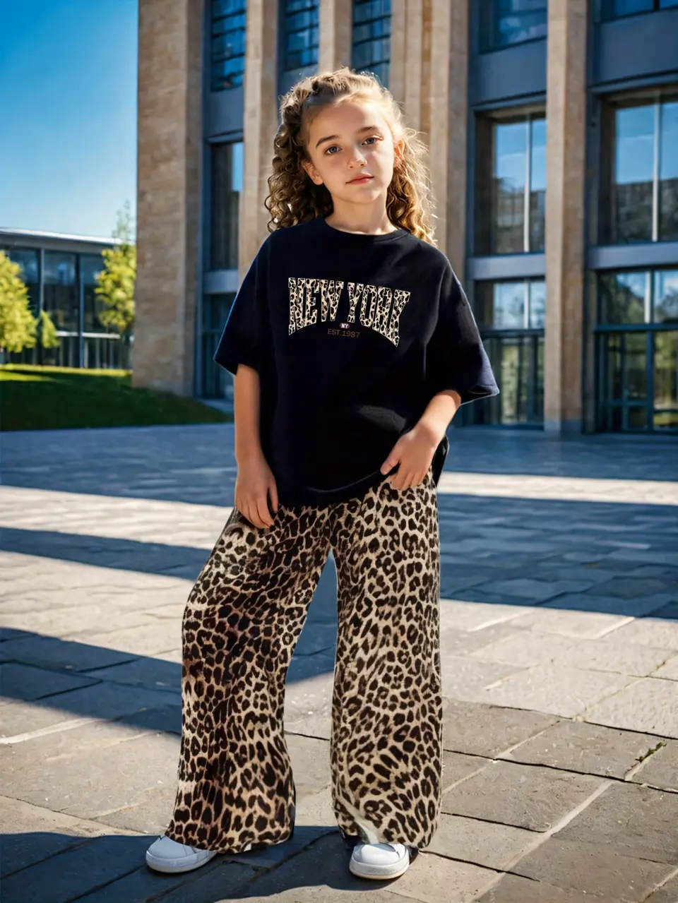 Girls Relaxed Top and Leopard Wide Leg Pants Set