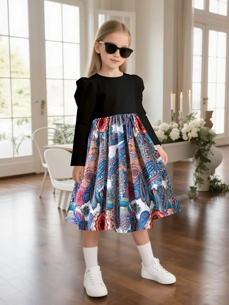 Girls Puff Sleeve Patchwork Print Dress by LUNORIANA