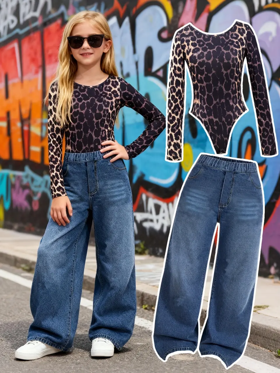 Girls Leopard Buckle Top and Denim Wide Leg Pants Set