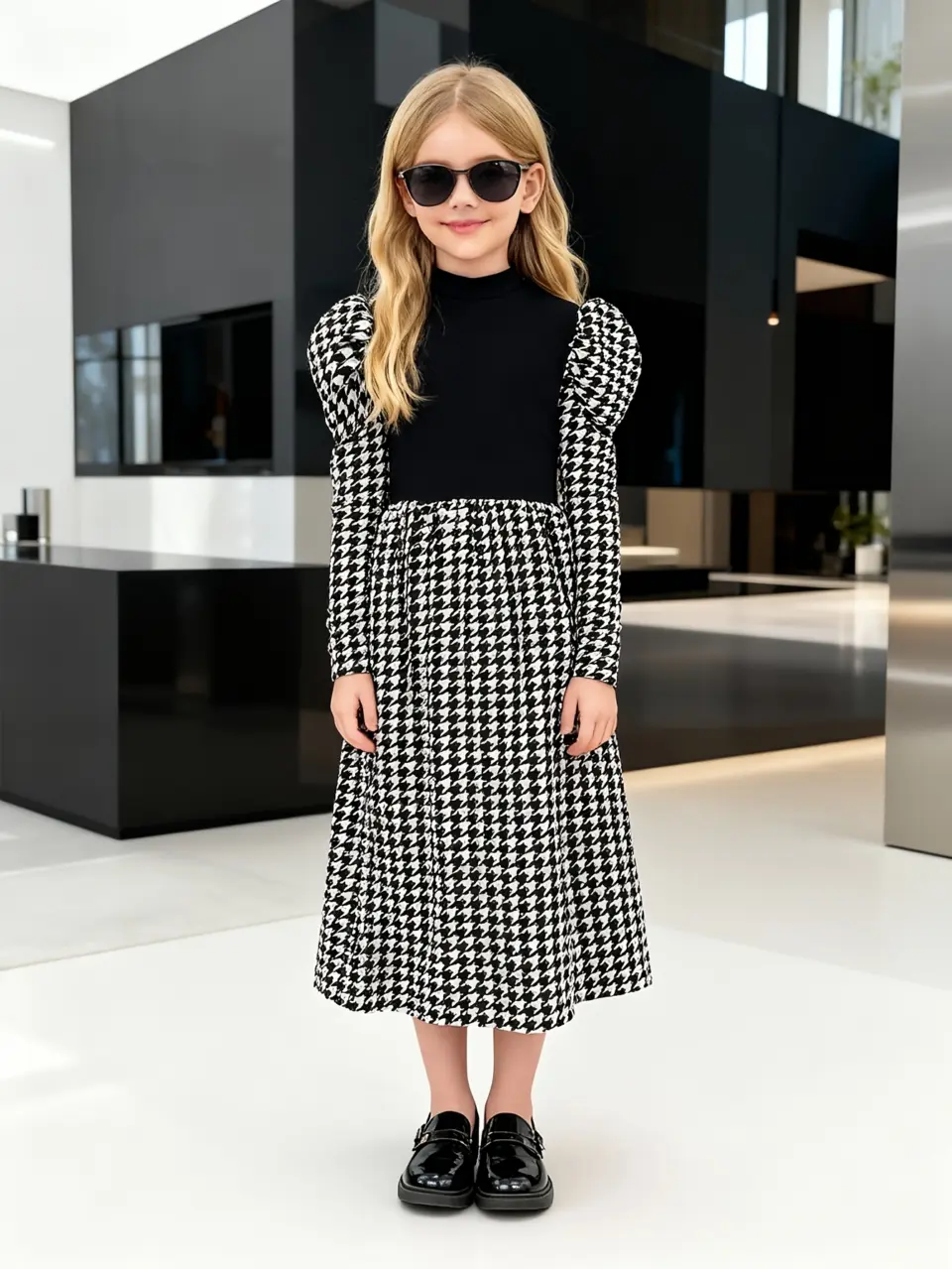 Girls Houndstooth Puff Sleeve Dress by LUNORIANA