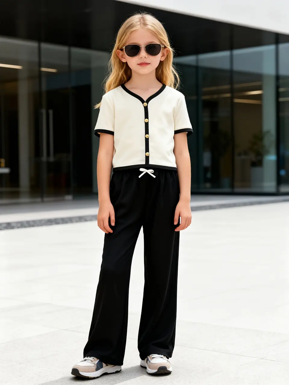 Girls Gold Button Cardigan and Wide Leg Pants Set by LUNORIANA