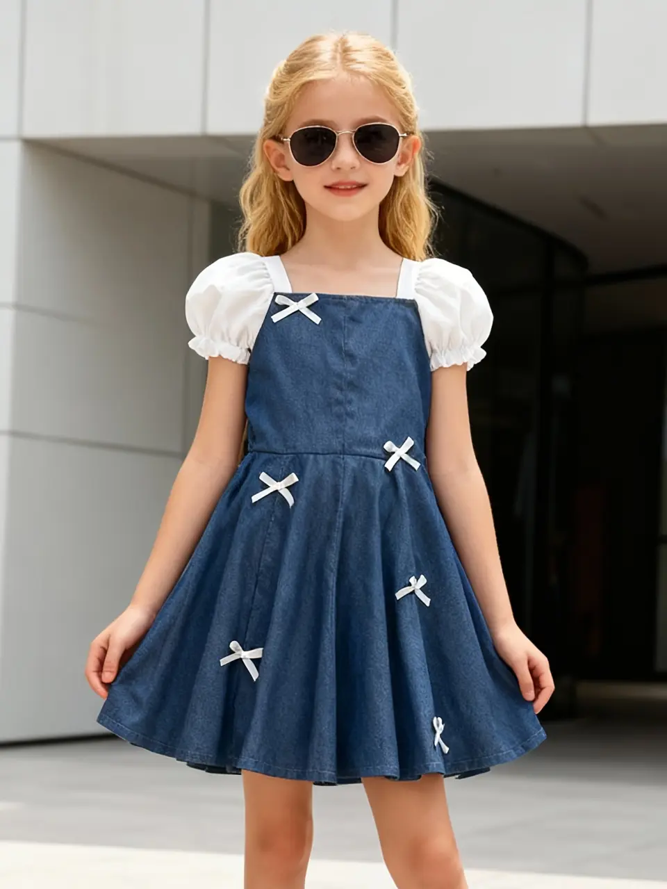 Girls Bow Puff Sleeve Denim Patchwork Dress by LUNORIANA
