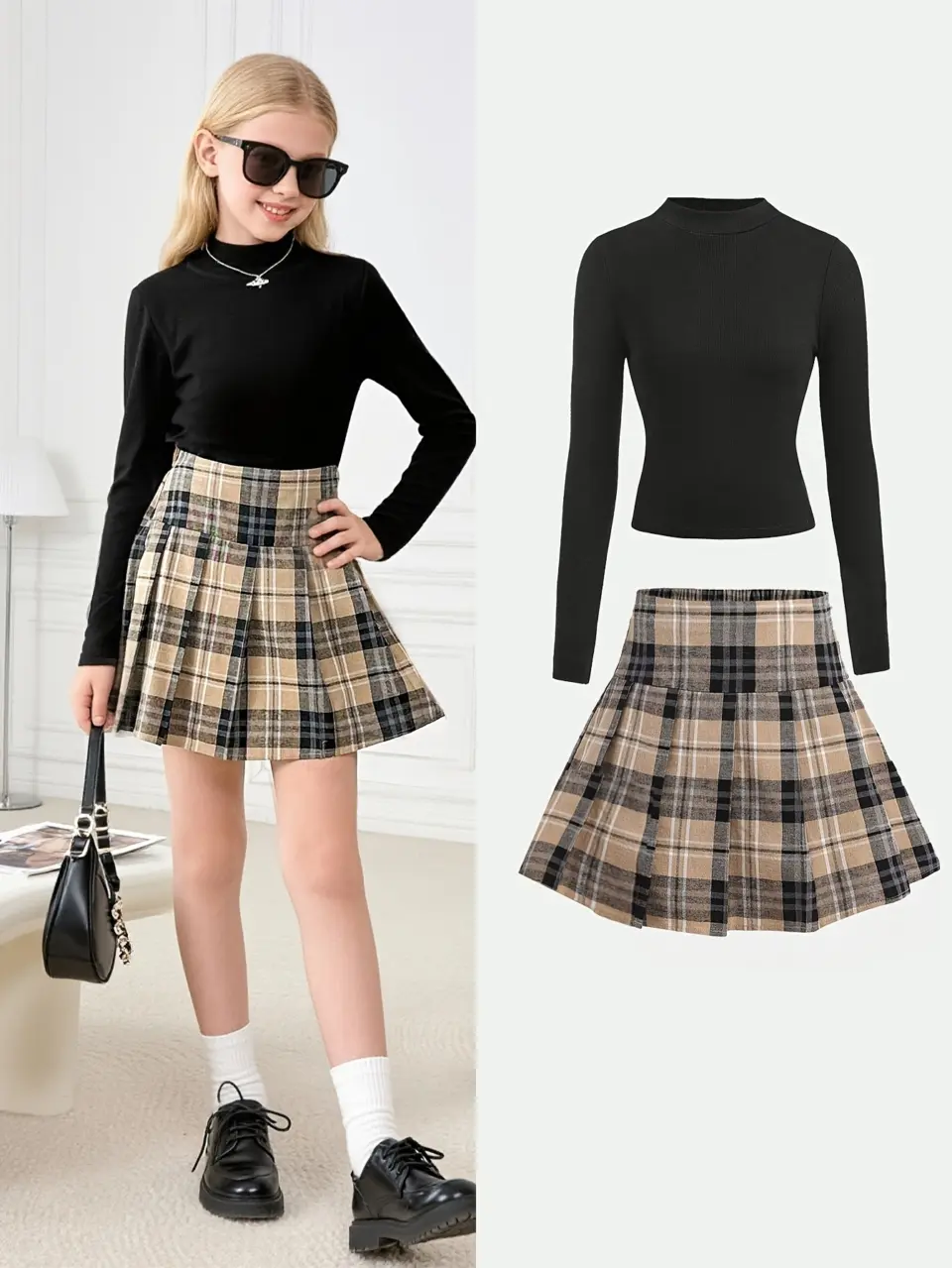 Girls Fitted Turtleneck Top and Plaid Pleated Skirt Set