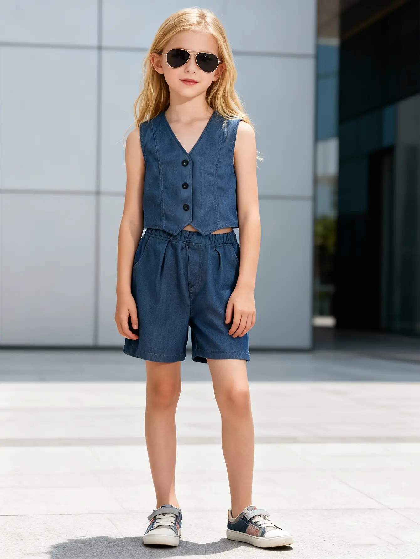 Girls Denim Vest and Pocket Shorts Set by LUNORIANA