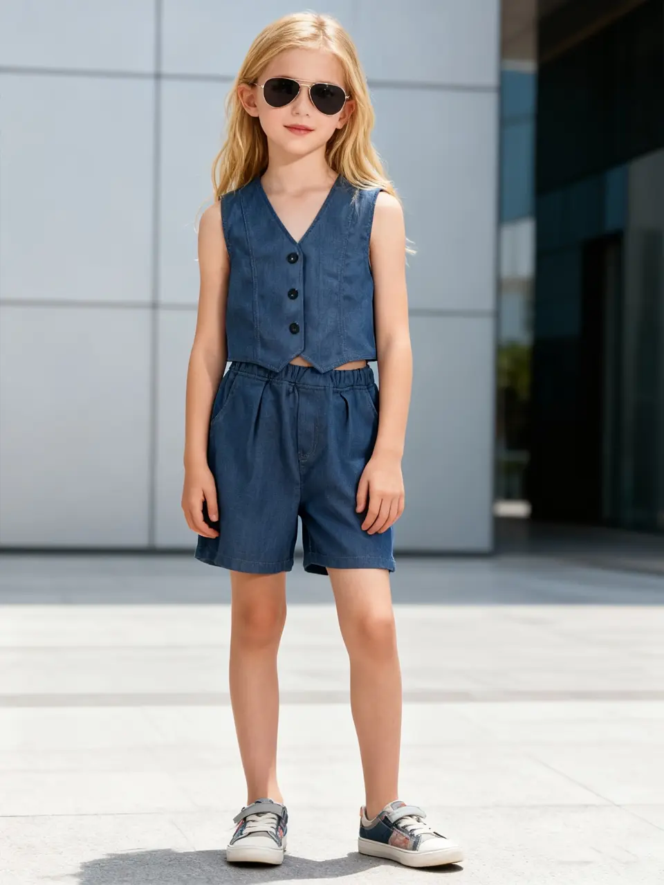 Girls Denim Vest and Pocket Shorts Set by LUNORIANA