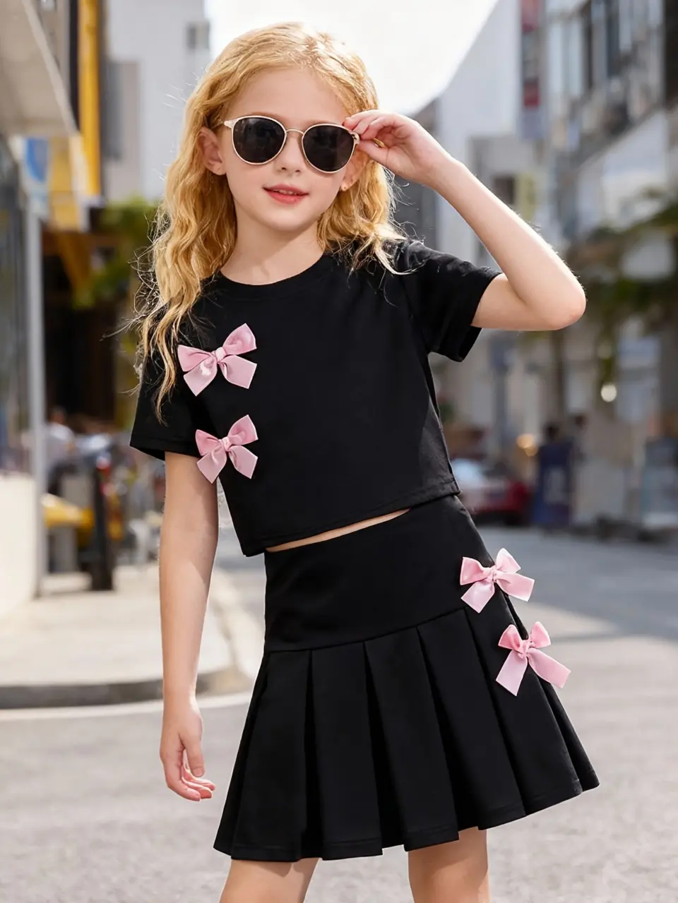 Girls Pink Bow T-Shirt and Pleated Skirt Set