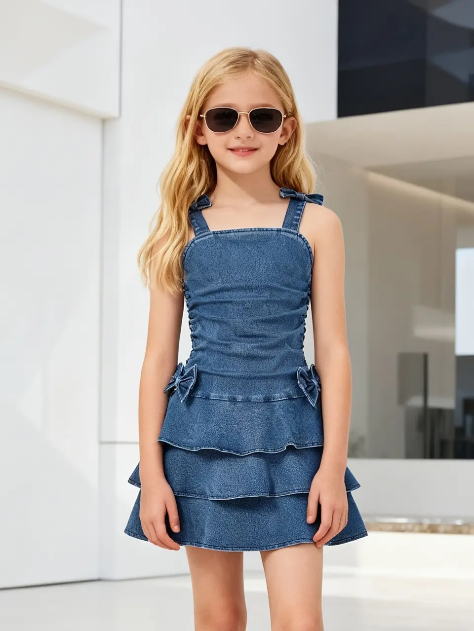 Girls Denim Cami Tiered Dress with Bow Detail by LUNORIANA