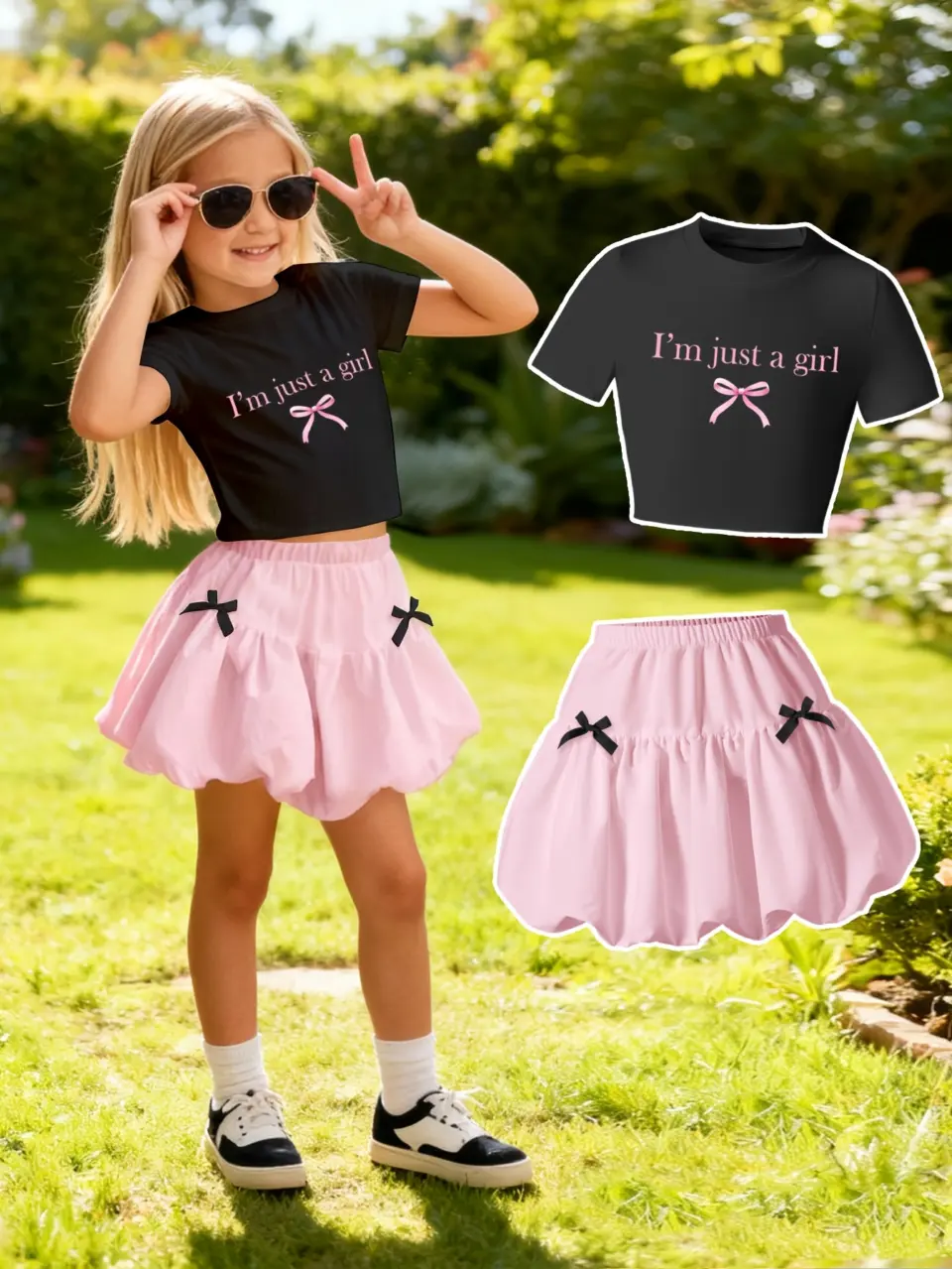 Girls Bow Print Short Sleeve Top and Bubble Skirt Set