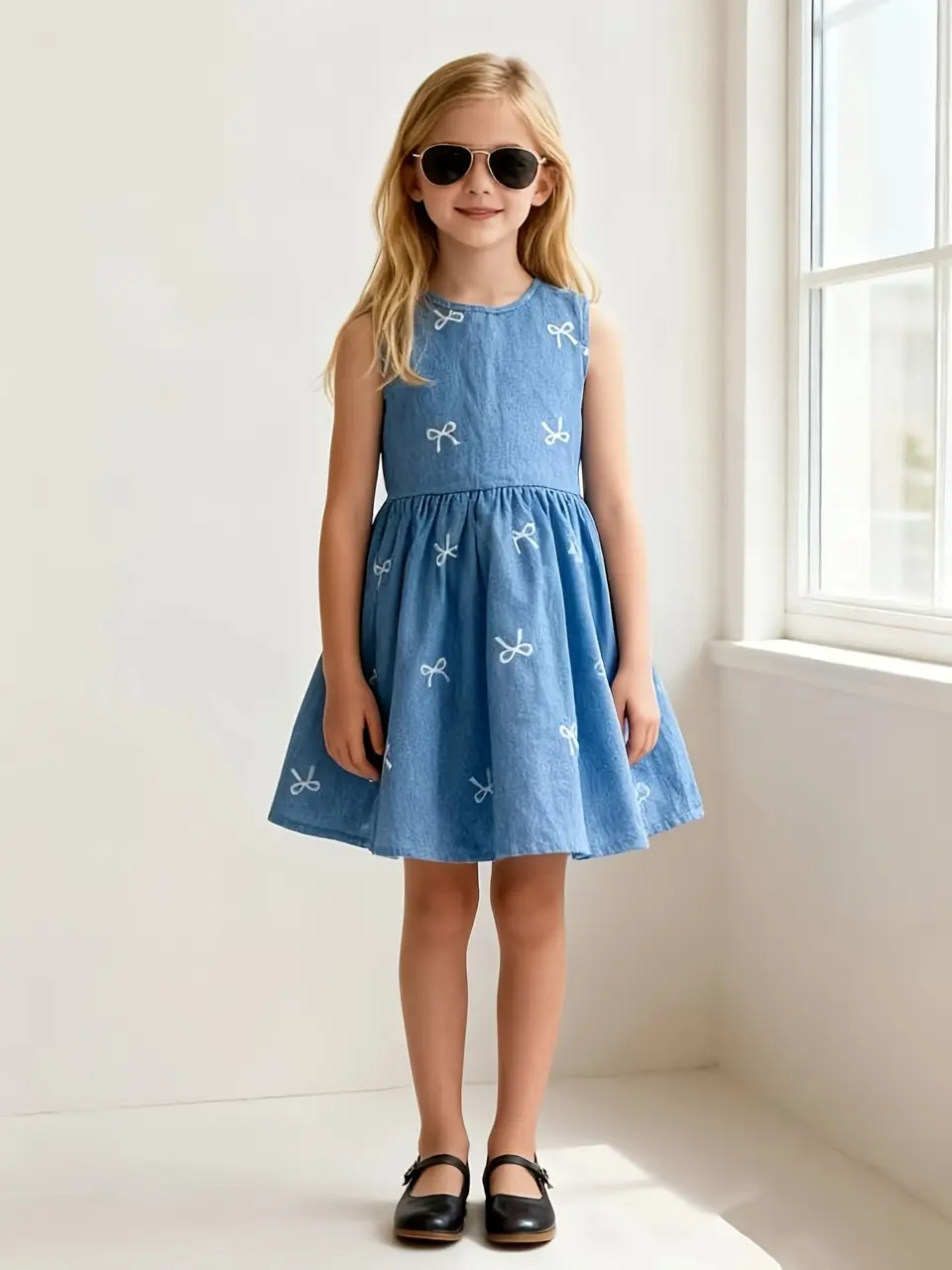 Girls Faux Denim Bow Print Sleeveless Dress by LUNORIANA