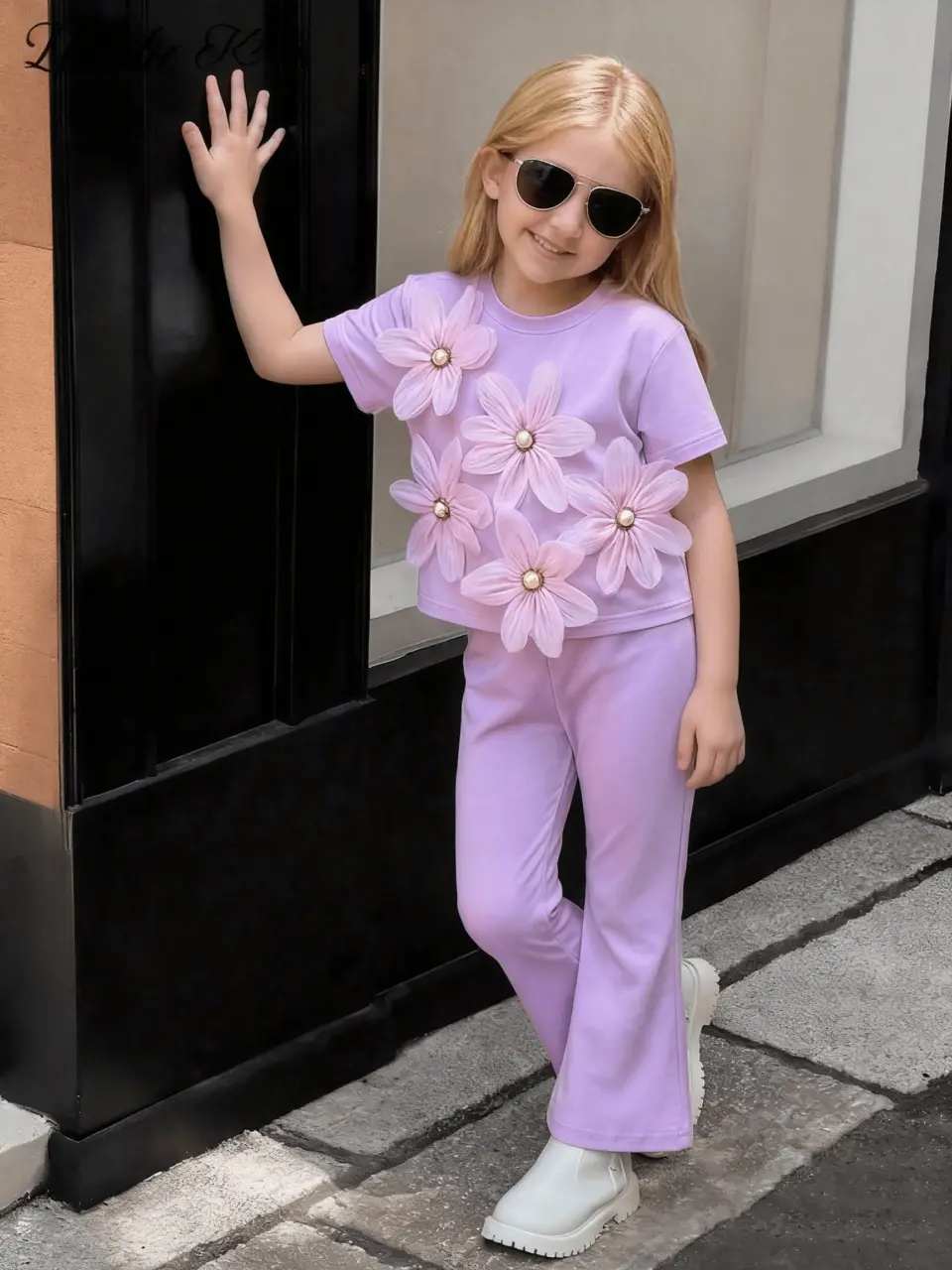Girls Pearl Flower Tee and Flare Pants Set by LUNORIANA