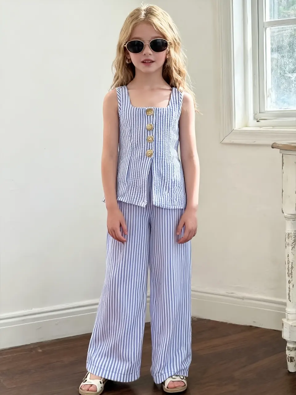 Girls Striped Button Vest and Wide Leg Pants Set by LUNORIANA