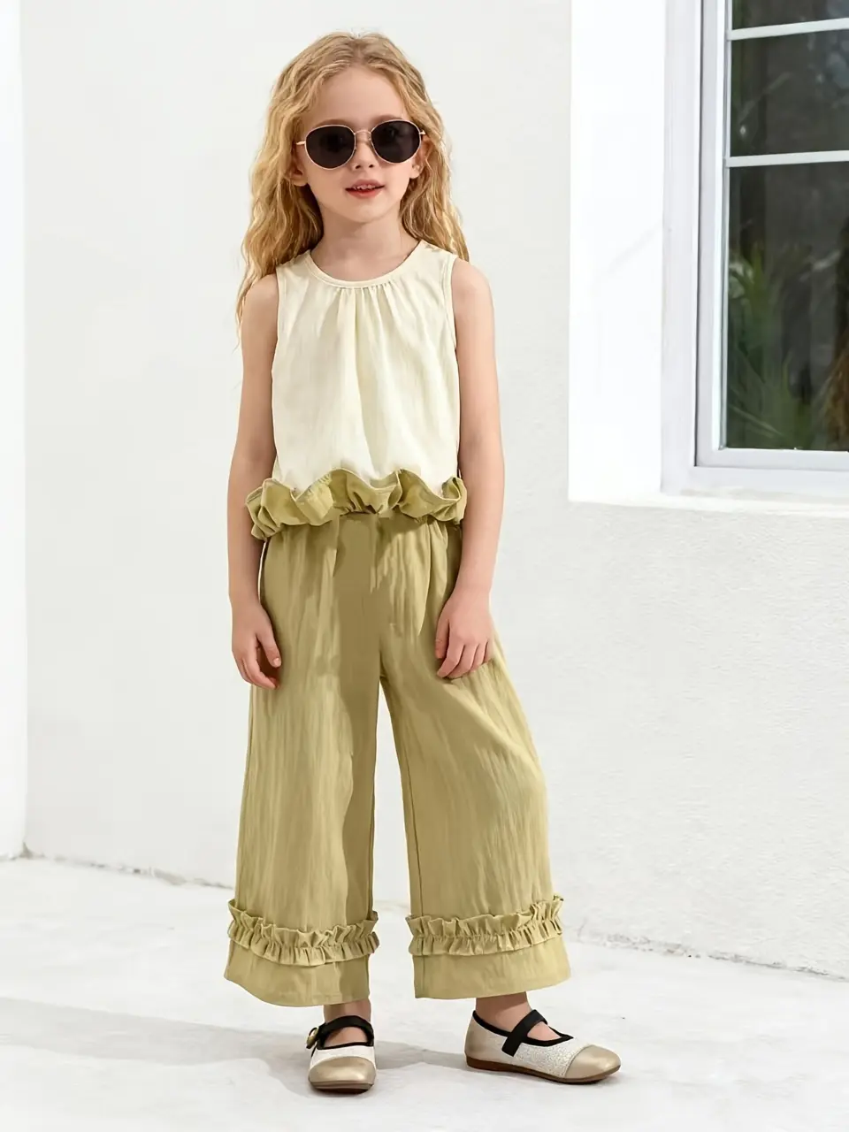 Girls Contrast Ruffle Tank and Wide Leg Pants Set by LUNORIANA