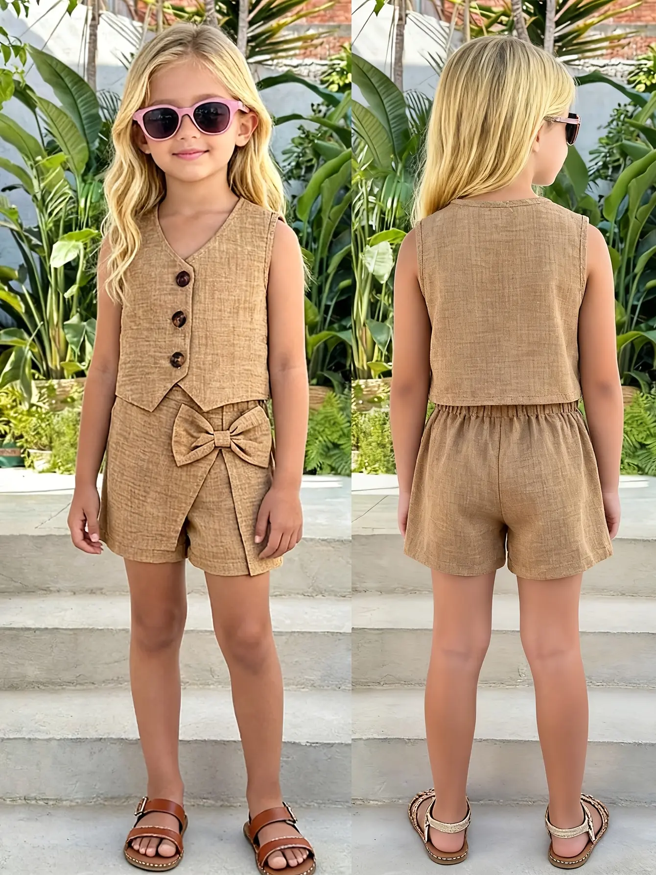 Girls V-Neck Vest and Pleated Skort Set with Bow by LUNORIANA