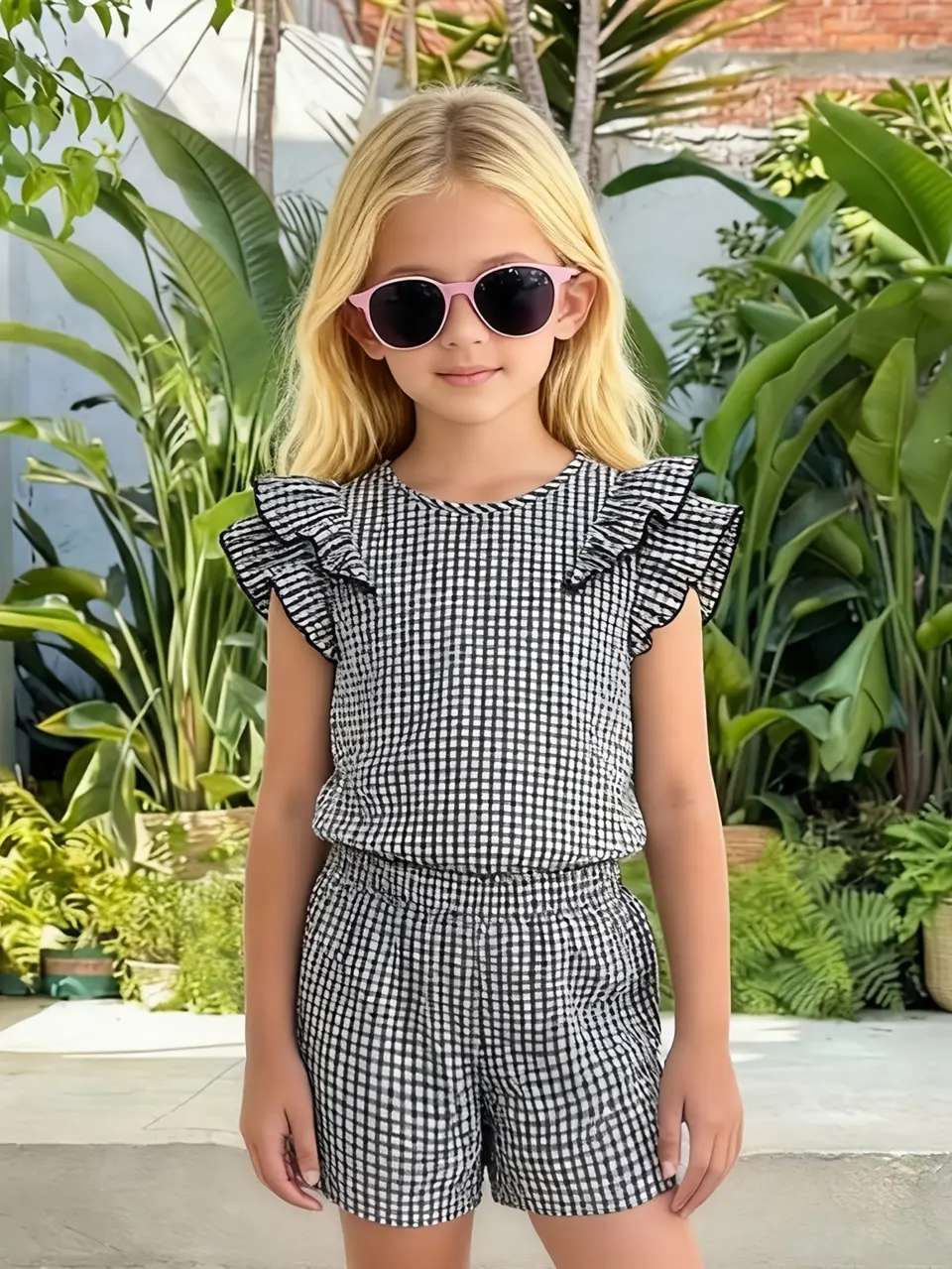 Girls Plaid Flutter Sleeve Top and Wide Leg Shorts Set by LUNORIANA