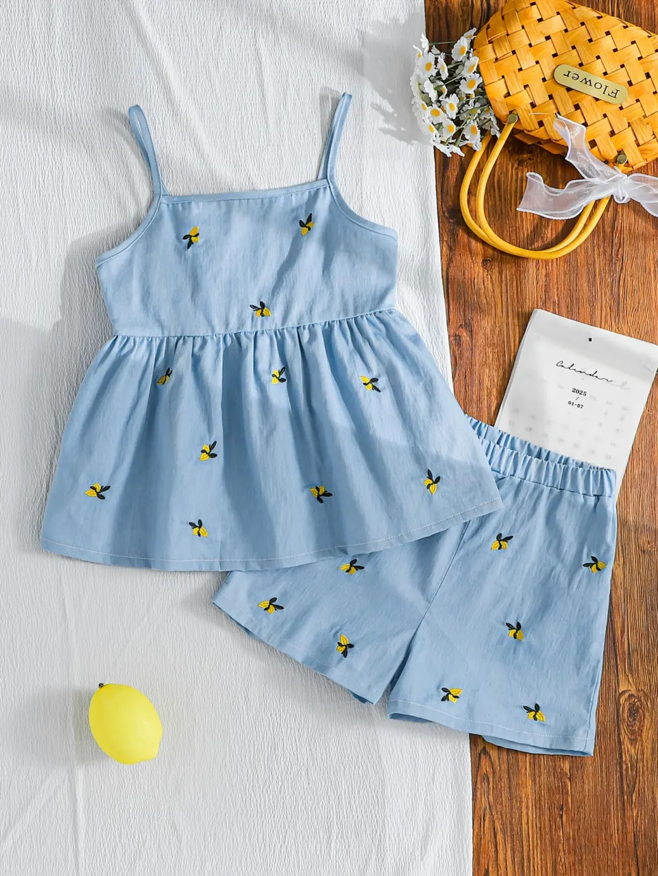 Girls Denim Floral Embroidered Cami Top and Wide Leg Shorts Set by LUNORIANA