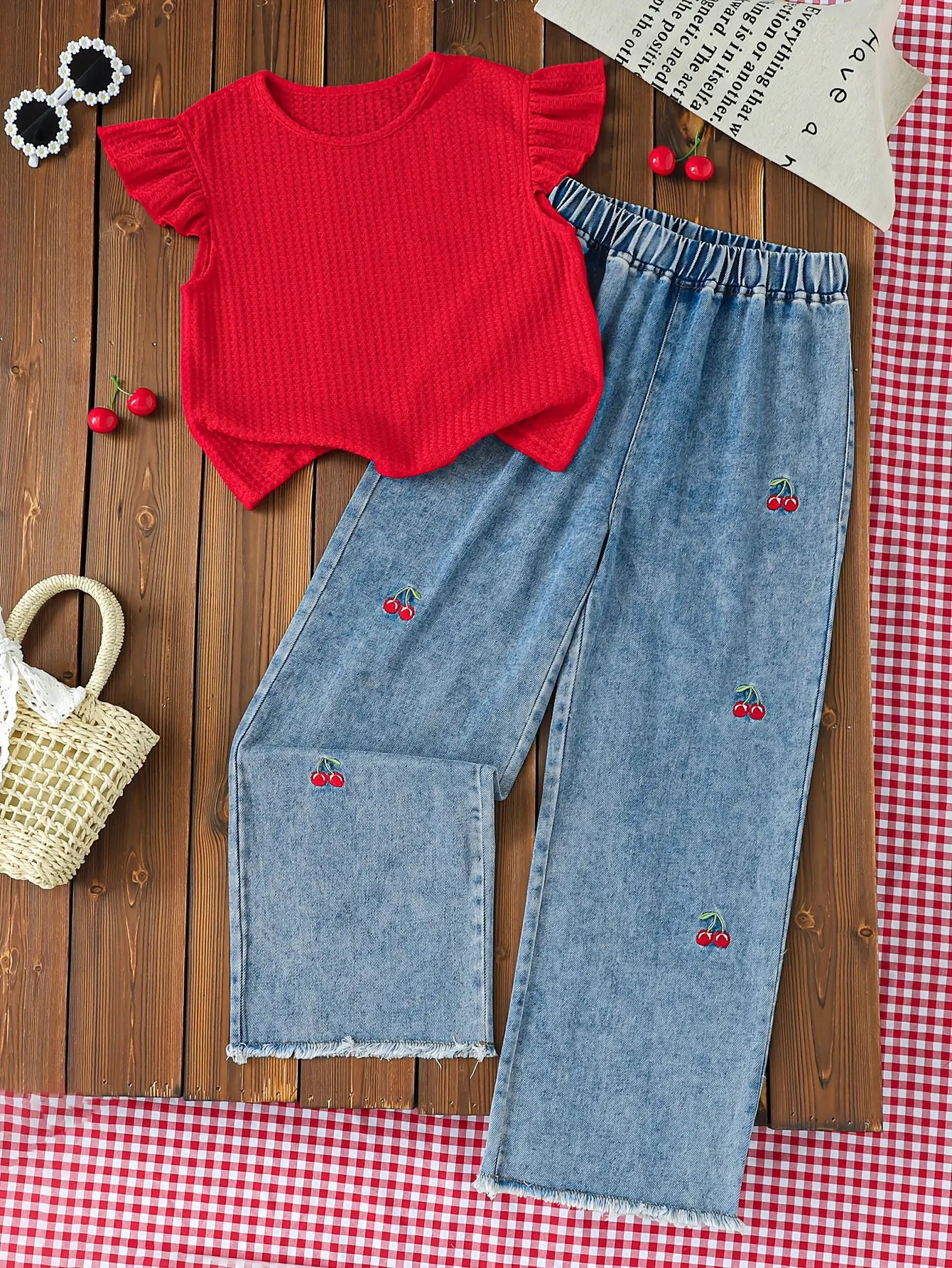 Girls Ruffle Tank and Denim Wide Leg Pants Set by LUNORIANA