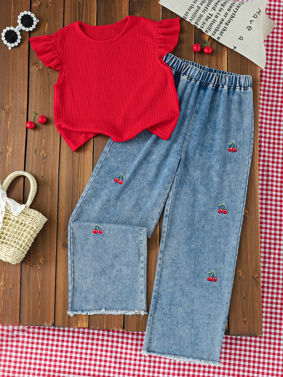 Girls Ruffle Tank and Denim Wide Leg Pants Set by LUNORIANA