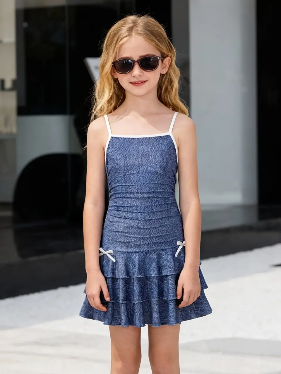 Girls Faux Denim Bow Print Ruffle Cami Dress by LUNORIANA