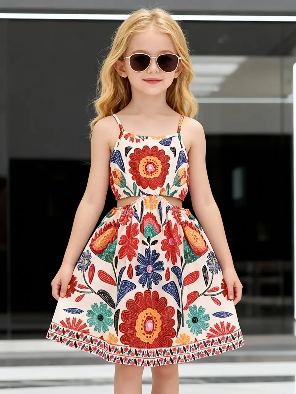 Girls Colorful Floral Cutout Waist Cami Dress by LUNORIANA