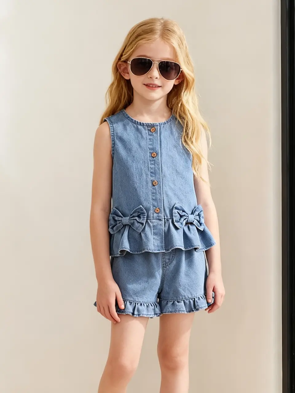 Girls Denim Bow Button Vest and Wide Leg Pants Set by LUNORIANA