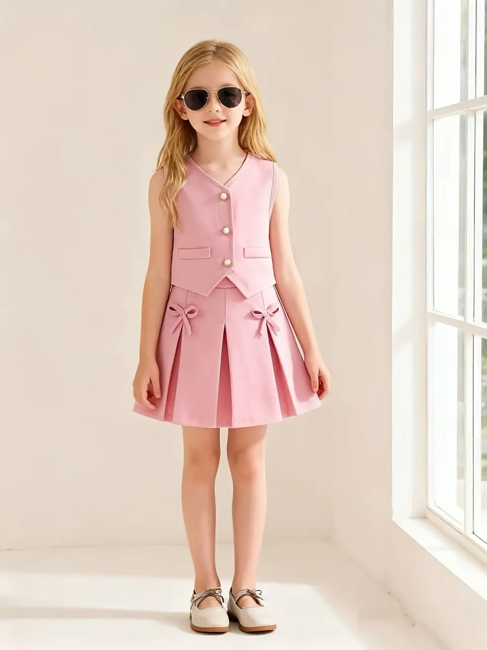 Girls Button Vest and Pleated Skirt Set with Bows by LUNORIANA