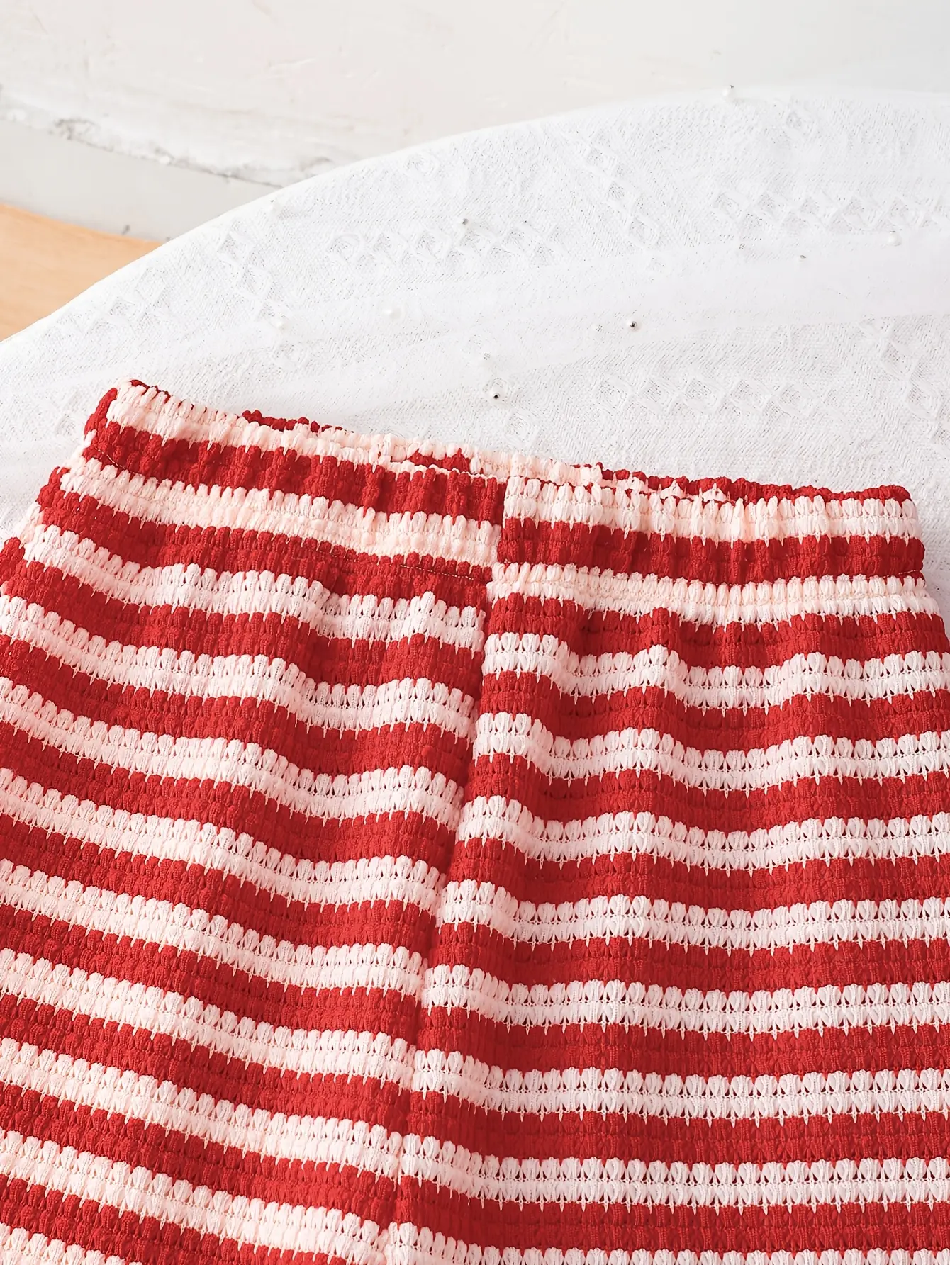 Detail view of Girls Red White Stripe Sleeveless Top and Pants 2-Piece Set by LUNORIANA
