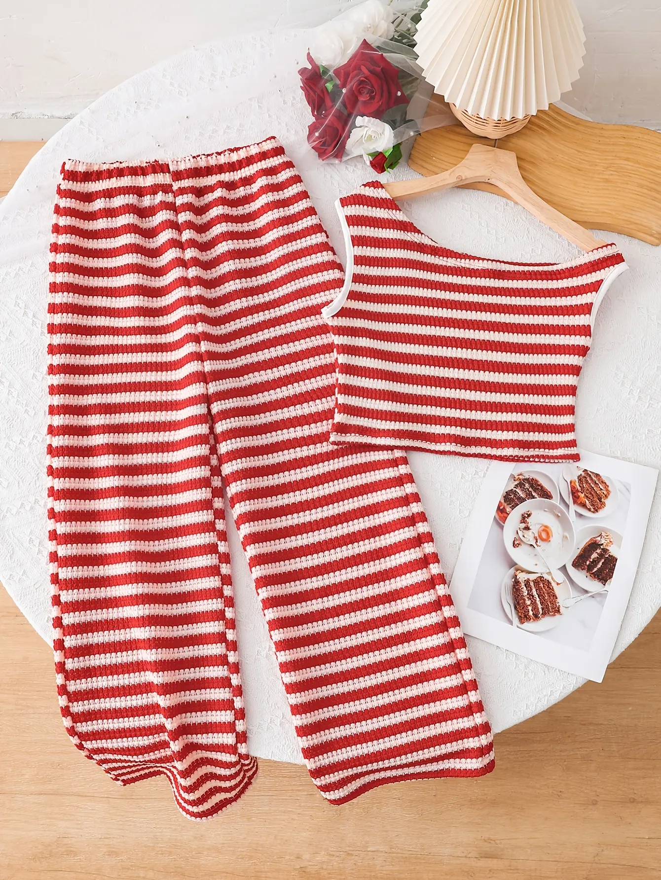 Detail view of Girls Red White Stripe Sleeveless Top and Pants 2-Piece Set by LUNORIANA