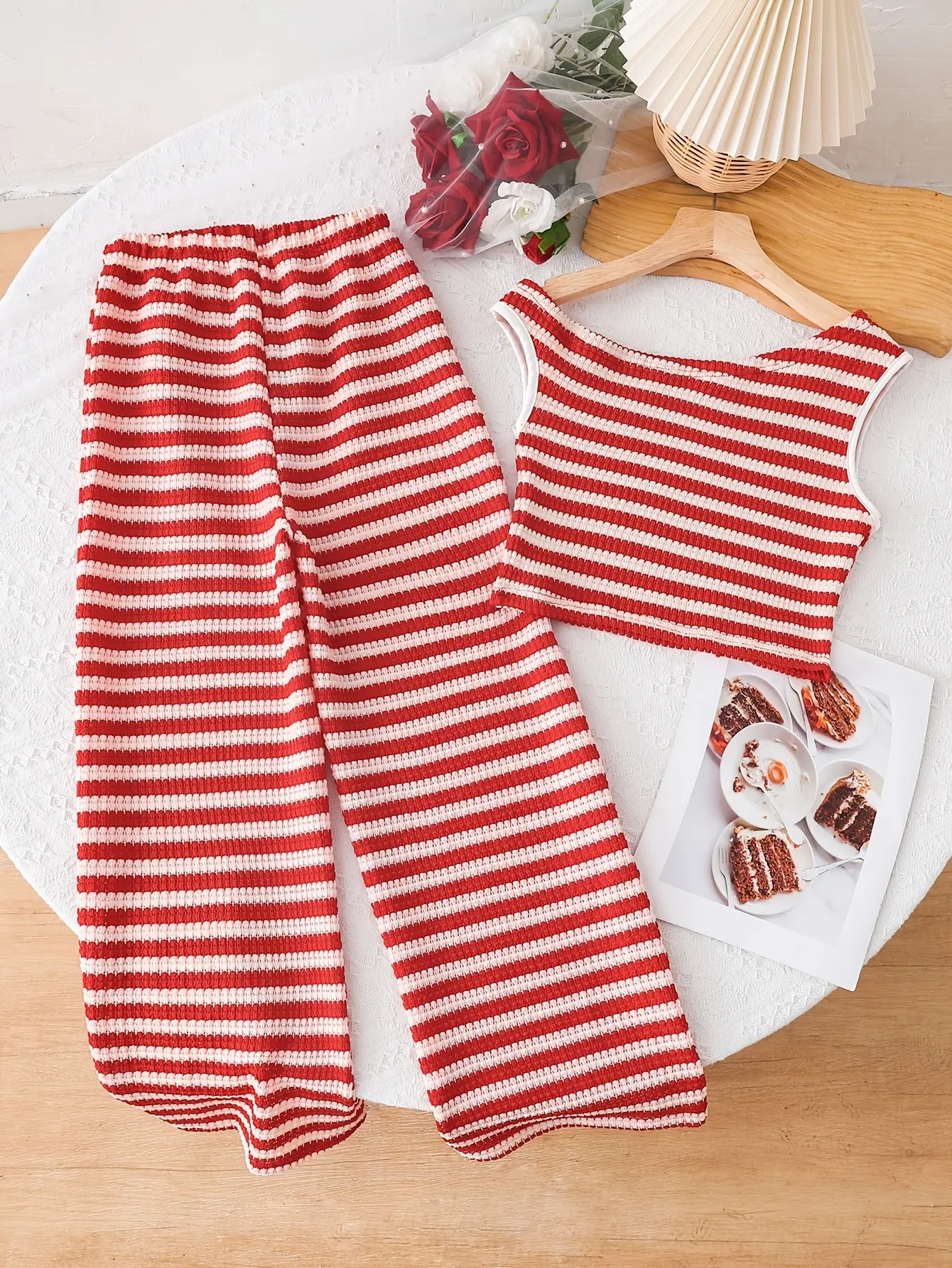 Detail view of Girls Red White Stripe Sleeveless Top and Pants 2-Piece Set by LUNORIANA