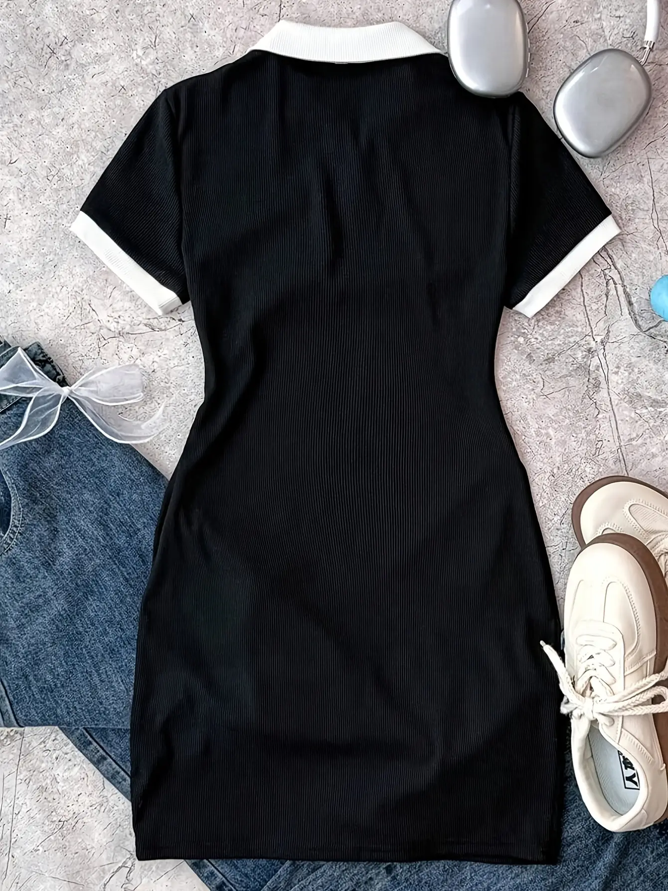 Detail view of Girls Black Polo Collar Dress, Simple Spring Summer Casual Outfit by LUNORIANA