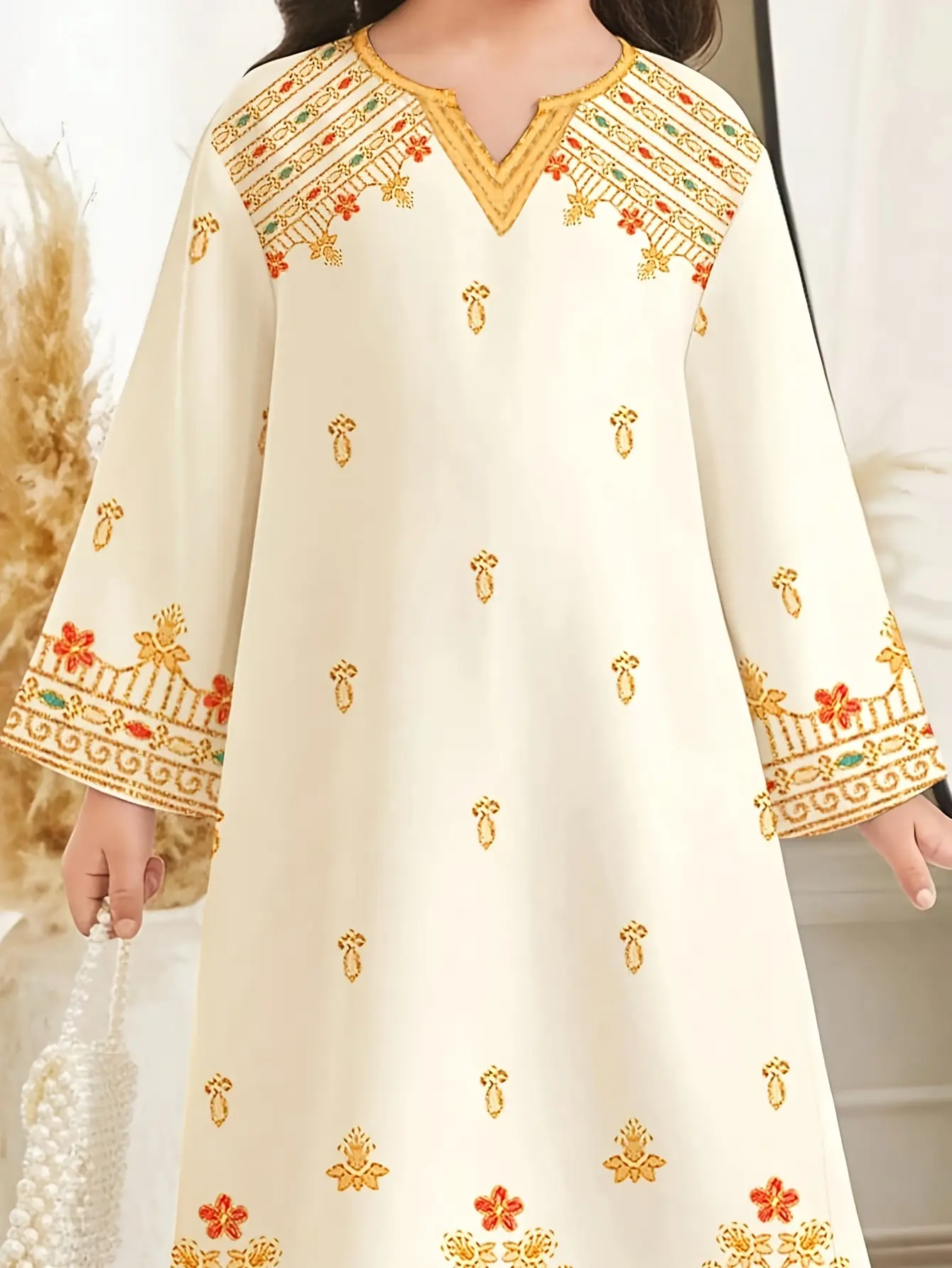 Detail view of Girls Lantern Floral Ramadan Eid Dress, Soft Princess Style Outfit by LUNORIANA