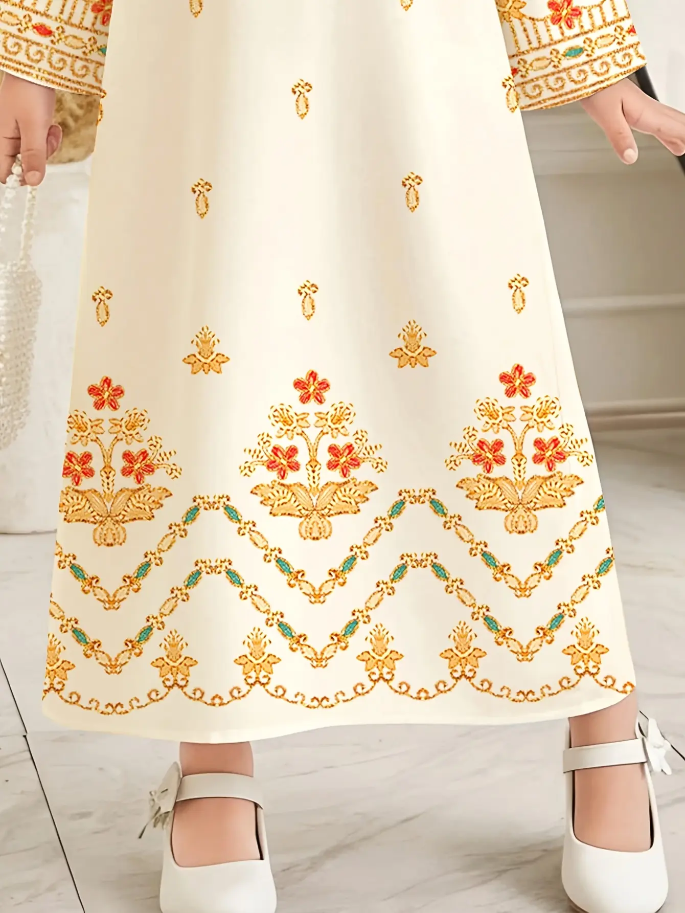 Detail view of Girls Lantern Floral Ramadan Eid Dress, Soft Princess Style Outfit by LUNORIANA