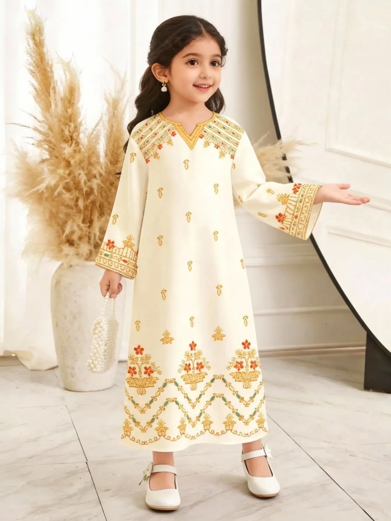 Detail view of Girls Lantern Floral Ramadan Eid Dress, Soft Princess Style Outfit by LUNORIANA