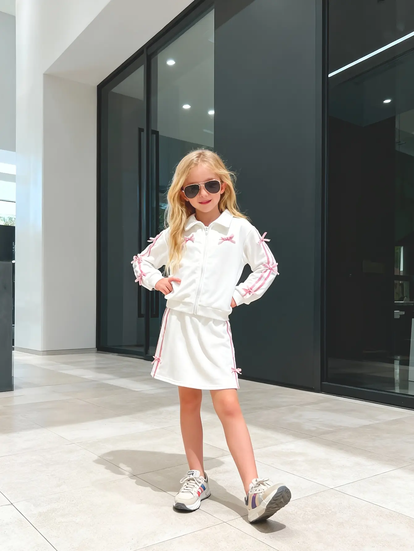 Detail view of Girls Zip Collar Sweatshirt Jacket and Skirt Set by LUNORIANA