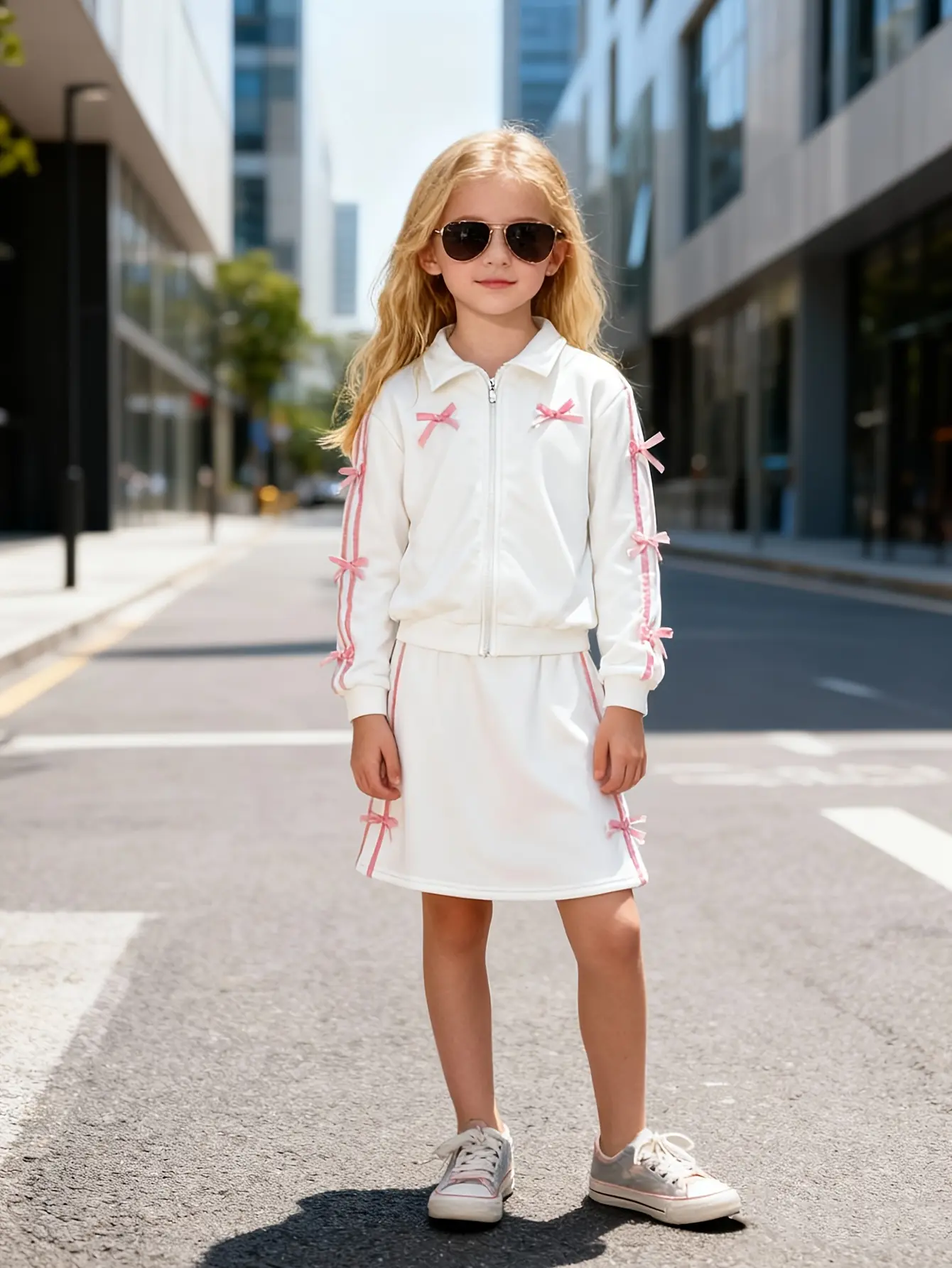 Detail view of Girls Zip Collar Sweatshirt Jacket and Skirt Set by LUNORIANA