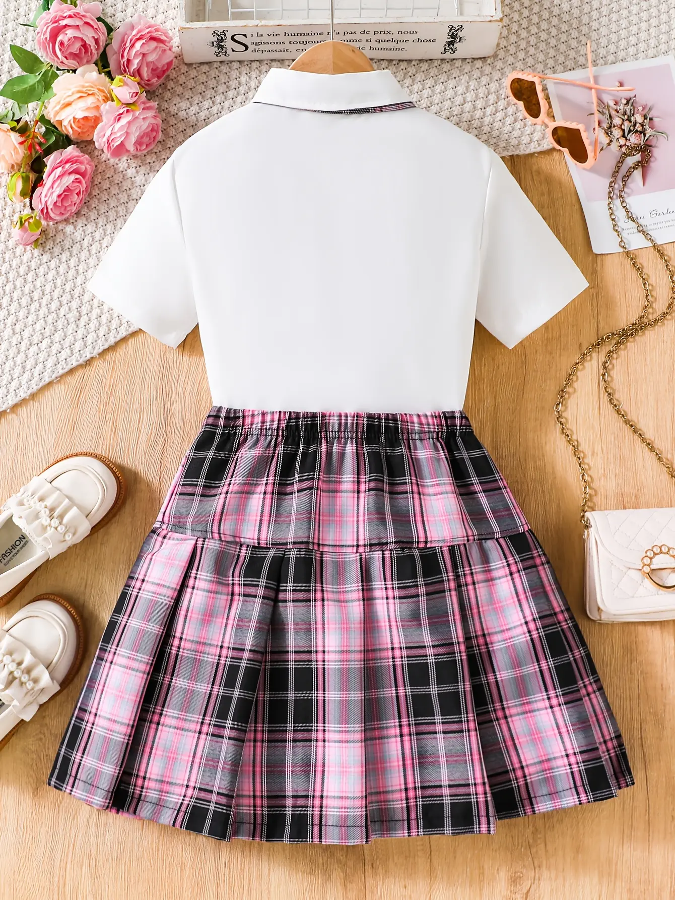 Detail view of Girls Short Sleeve Shirt and Plaid Bow Skirt Set by LUNORIANA