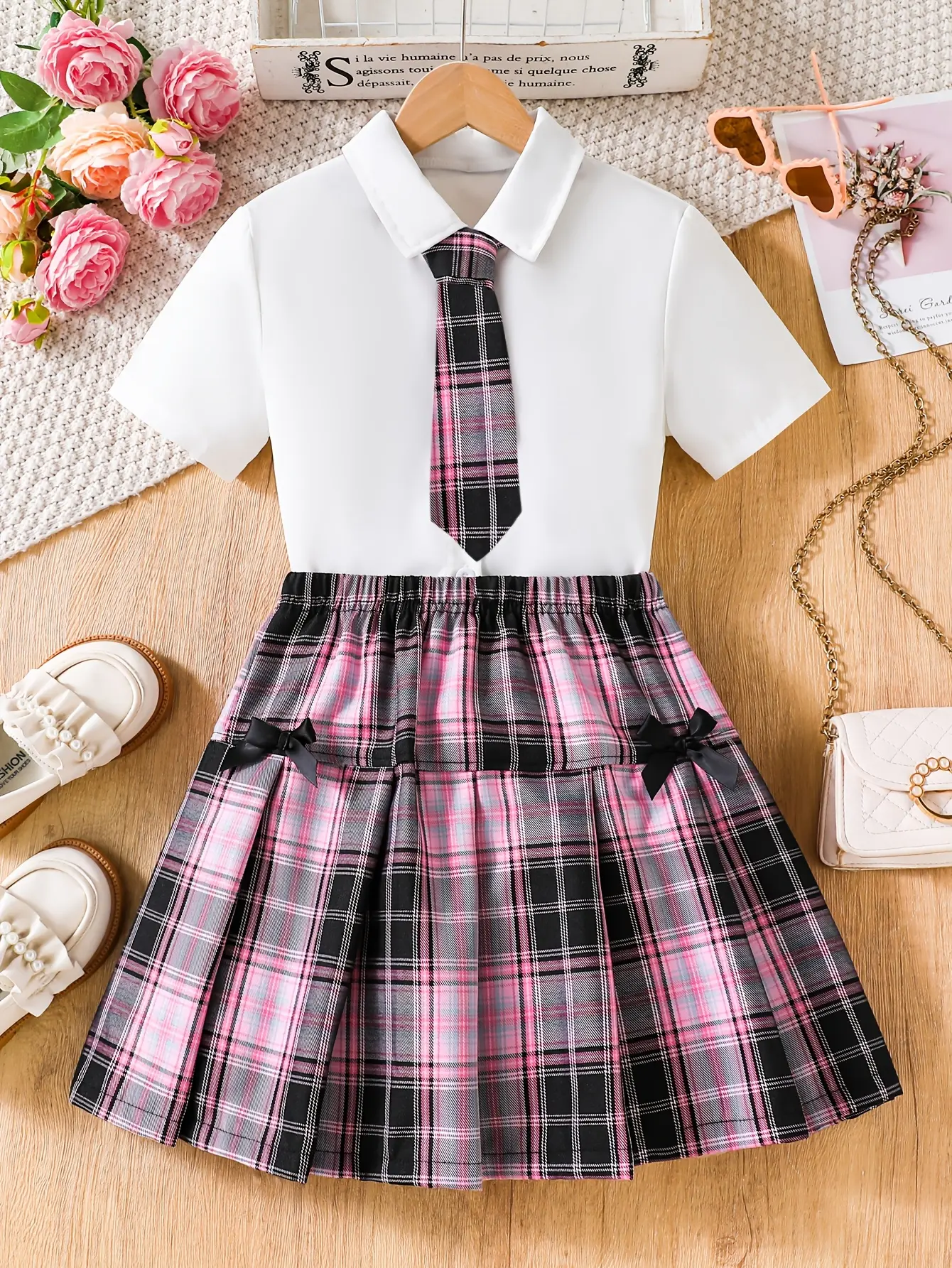 Detail view of Girls Short Sleeve Shirt and Plaid Bow Skirt Set by LUNORIANA