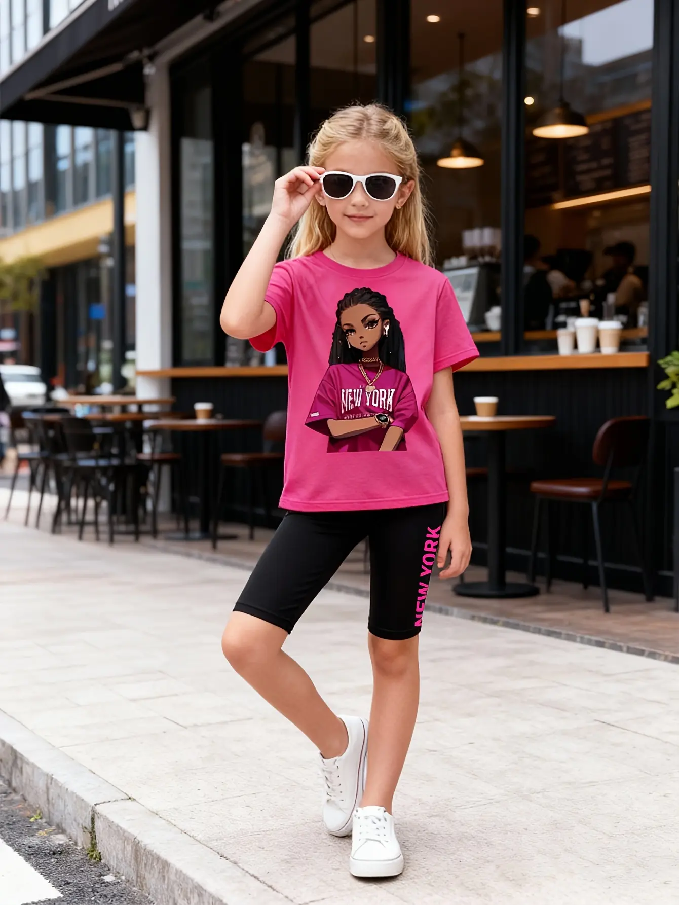 Detail view of Girls Cartoon Graphic T-Shirt and Biker Shorts Set by LUNORIANA