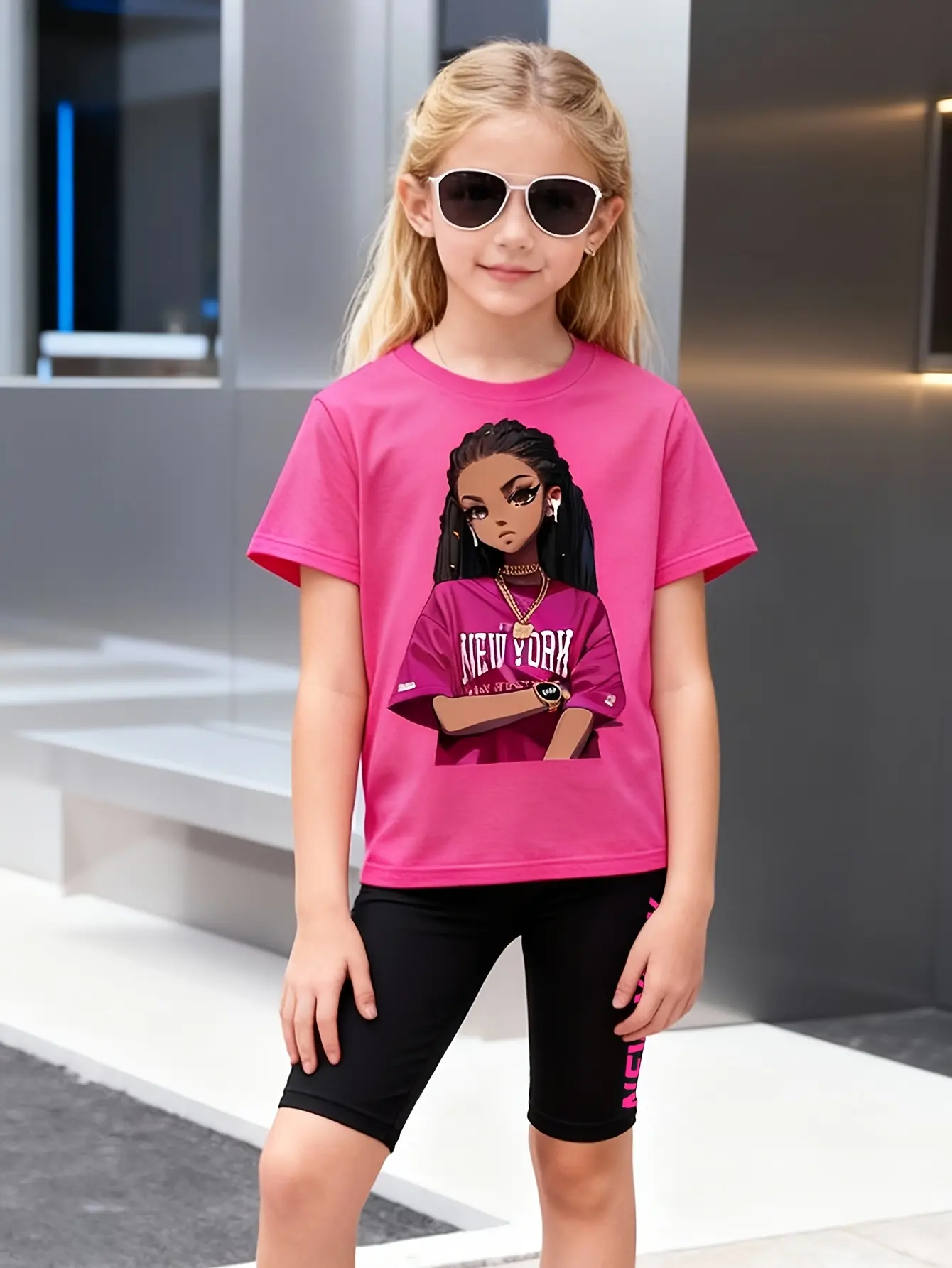 Detail view of Girls Cartoon Graphic T-Shirt and Biker Shorts Set by LUNORIANA