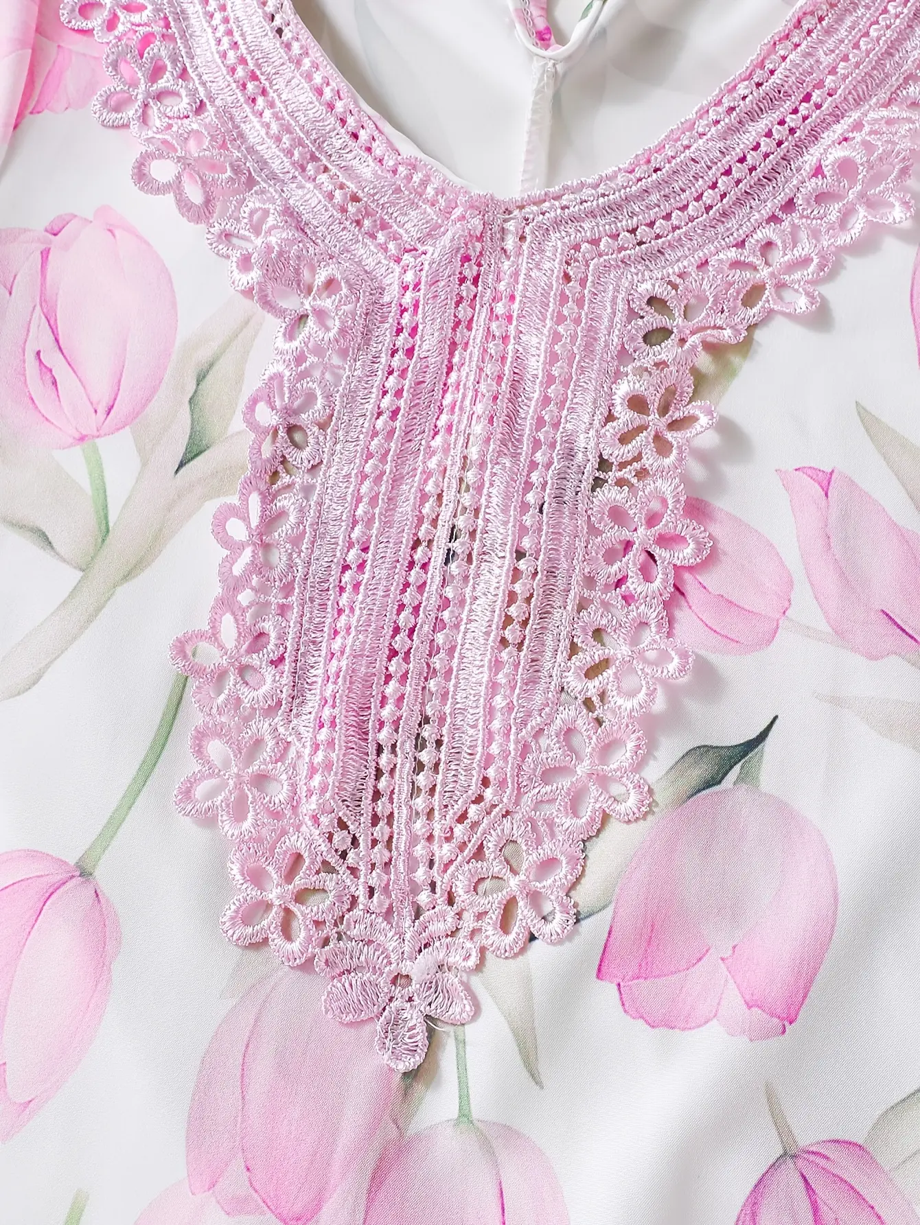 Detail view of Girls Purple Floral Long Sleeve Dress with Lace Trim by LUNORIANA