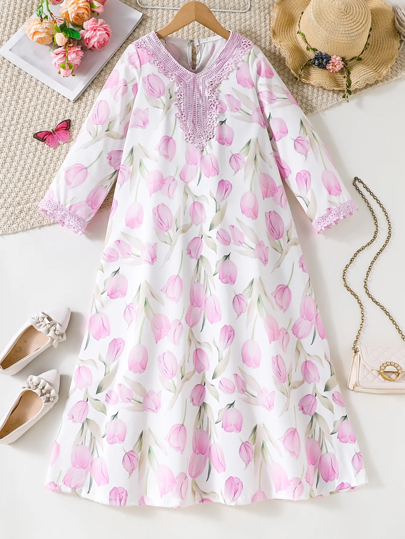 Detail view of Girls Purple Floral Long Sleeve Dress with Lace Trim by LUNORIANA