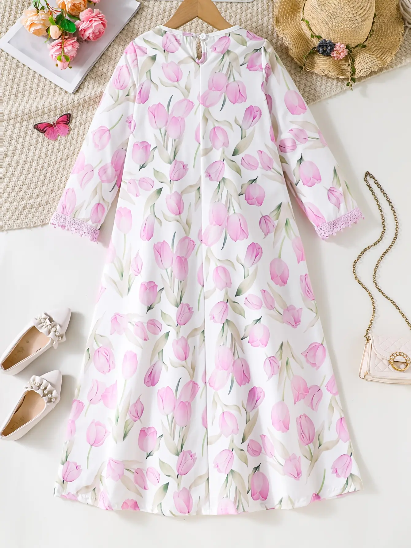 Detail view of Girls Purple Floral Long Sleeve Dress with Lace Trim by LUNORIANA