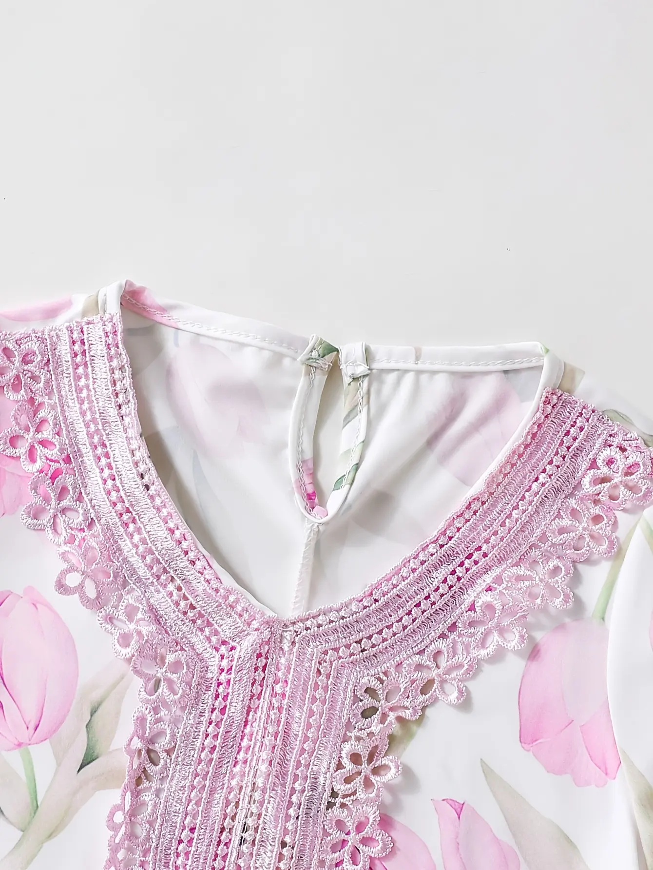 Detail view of Girls Purple Floral Long Sleeve Dress with Lace Trim by LUNORIANA