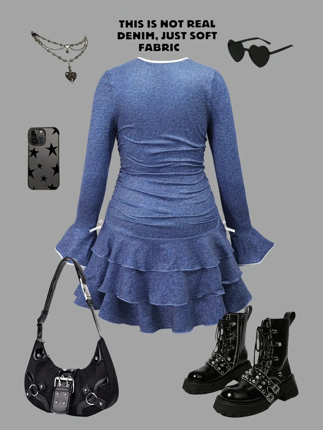 Detail view of Girls Denim Print Tiered Ruffle Dress with Bow Detail by LUNORIANA