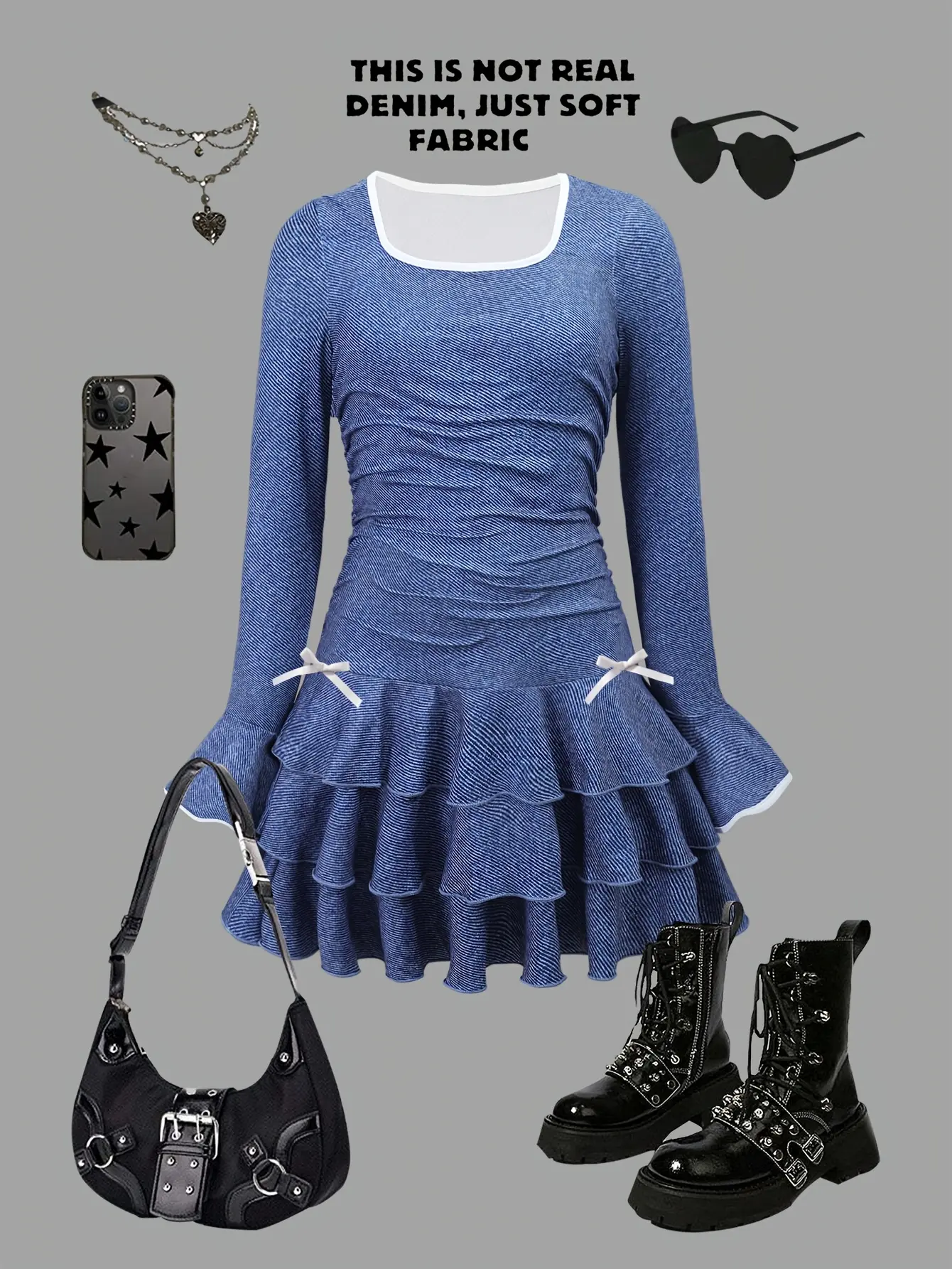 Detail view of Girls Denim Print Tiered Ruffle Dress with Bow Detail by LUNORIANA