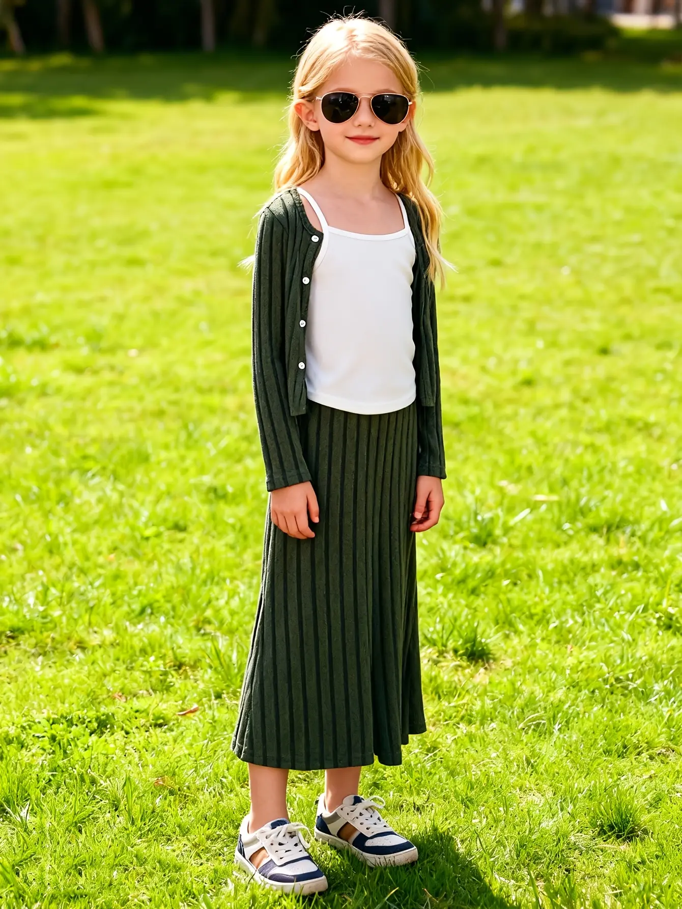 Detail view of Girls Striped Cardigan Cami and Skirt 3-Piece Set by LUNORIANA